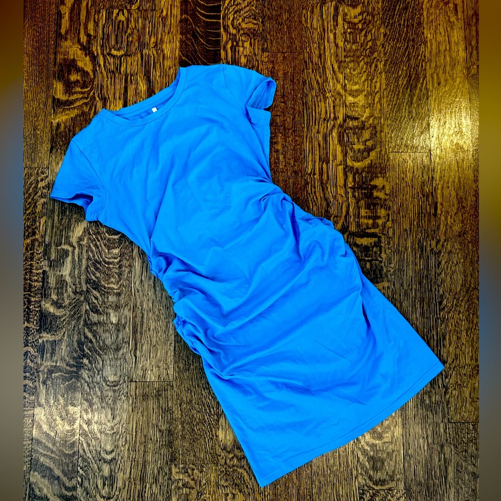 Missufe Blue Ruched Midi Dress XL Short Sleeve Stretch Cotton
